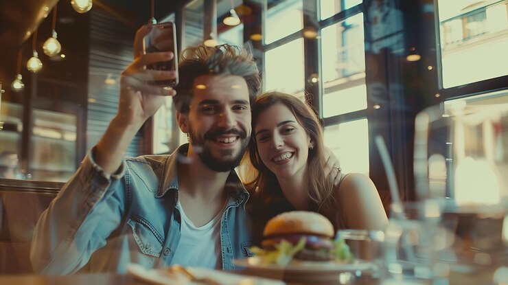Foto casal feliz tirando selfie com telefone celular inteligente em um restaurante de hambúrguer young pe generative ai