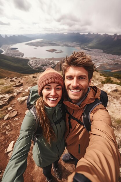 Casal feliz tirando uma selfie nas férias de inverno gerada por IA