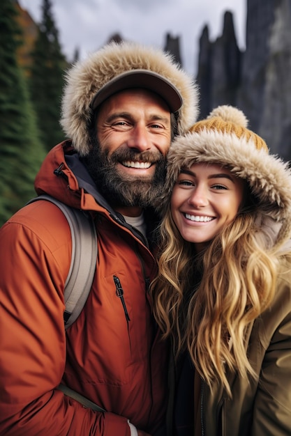 Casal feliz tirando uma selfie nas férias de inverno gerada por IA