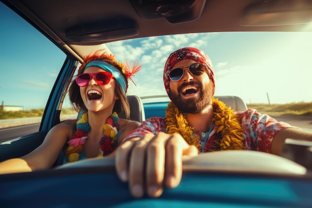 Casal feliz viaja de carro