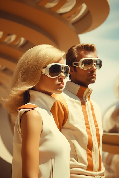 Foto casal futurista retrô dos anos 1970