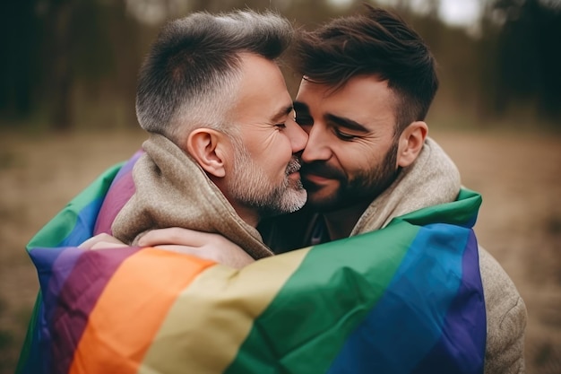 Casal gay abraçando com bandeira de arco-íris