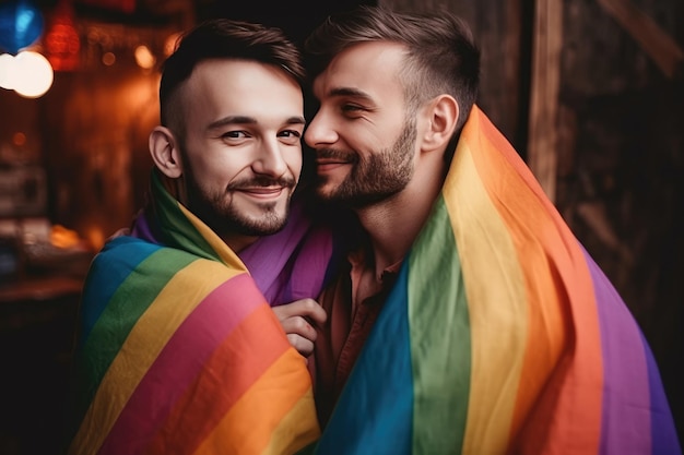 Casal gay abraçando com bandeira de arco-íris