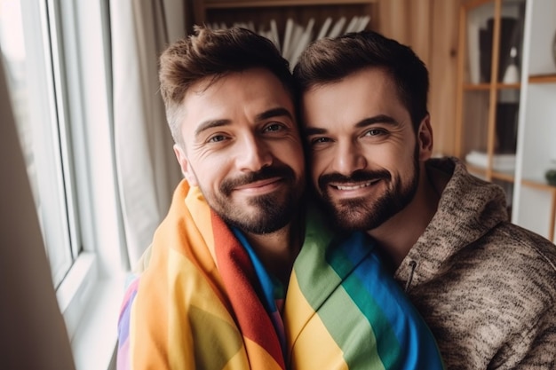 Foto casal gay alegre com retrato de arco-íris e amor enquanto se une em casa criado com ai generativa