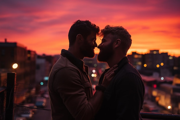 casal gay amoroso com fundo do pôr do sol