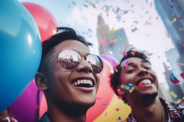 Casal gay feliz comemorando na Parada do Orgulho LGBTQ em Nova York EUA Pride Month Celebration