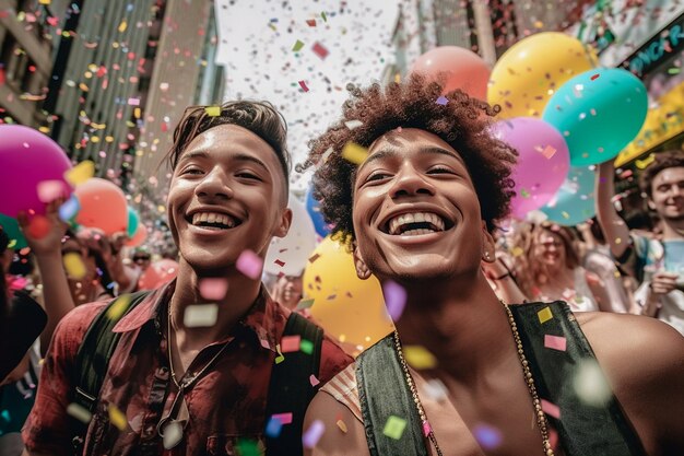 Foto casal gay feliz comemorando na parada do orgulho lgbtq em nova york eua pride month celebration