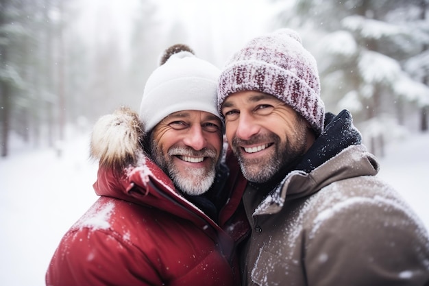 Casal gay feliz em férias de inverno geradas por IA