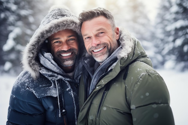 Casal gay feliz em férias de inverno geradas por IA