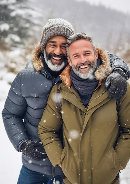 Casal gay feliz nas férias de inverno Ilustração gerada por IA