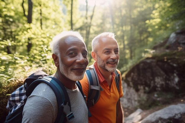 Casal gay interracial aposentado ativo caminhando ao ar livre Generative AI