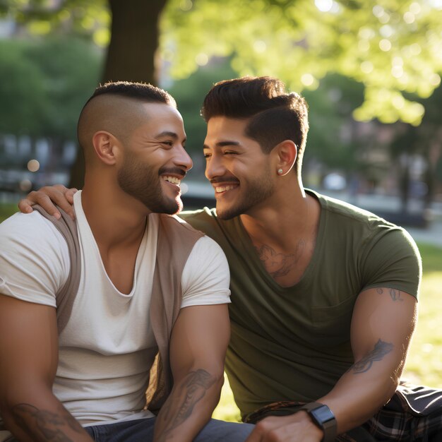 Casal gay latino feliz no parque