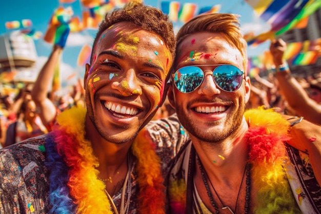 Casal gay masculino sorrindo com roupas da cor do arco-íris no Pride em São Paulo AI Generated