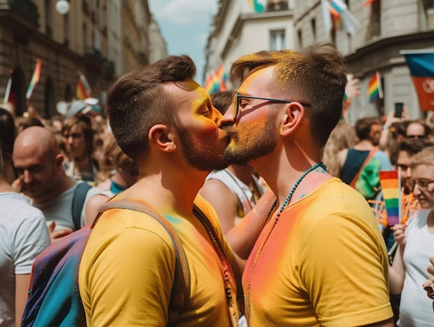 Casal gay mostrando amor na parada do orgulho LGBT Conceito de direitos LGBT gerado por IA