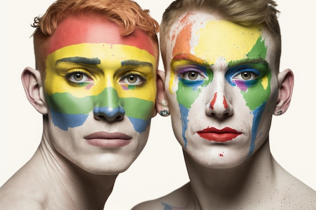 Casal gay orgulhoso com pintura facial de arco-íris correspondente em um fundo branco criado com IA generativa