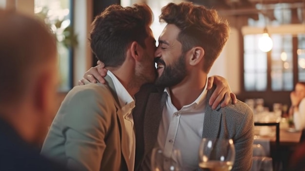 Casal gay relaxando durante a celebração LGBT Dois jovens se beijando e se abraçando The Generative AI