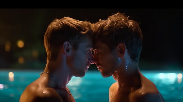 Casal gay relaxando na piscina à noite LGBT Dois jovens do sexo masculino abraçando e beijando um ao outro Generative AI jovens do sexo masculino com famílias românticas