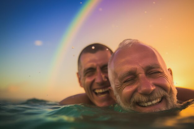 Casal gay sênior feliz nadando na Parada do Orgulho LGBTQ em Tel Aviv Israel