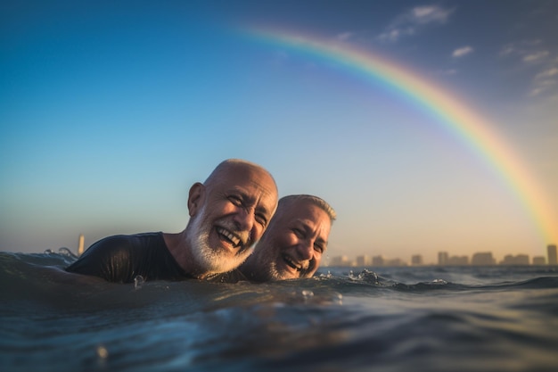 Casal gay sênior feliz nadando na Parada do Orgulho LGBTQ em Tel Aviv Israel