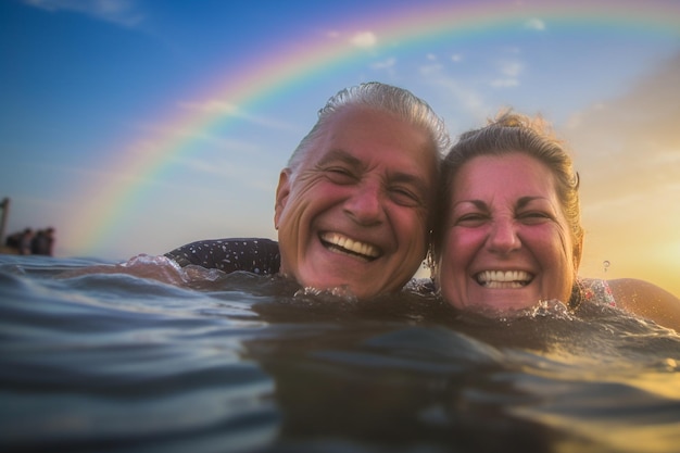 Casal gay sênior feliz nadando na Parada do Orgulho LGBTQ em Tel Aviv Israel