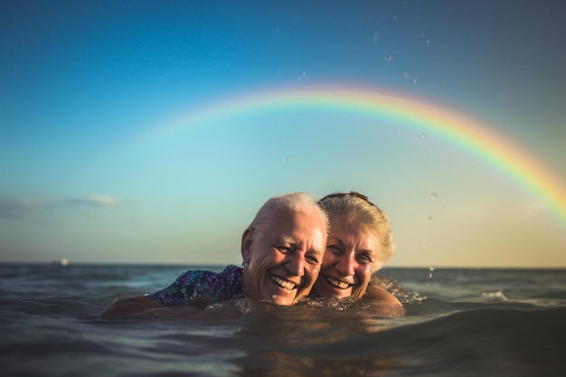 Casal gay sênior feliz nadando na Parada do Orgulho LGBTQ em Tel Aviv Israel