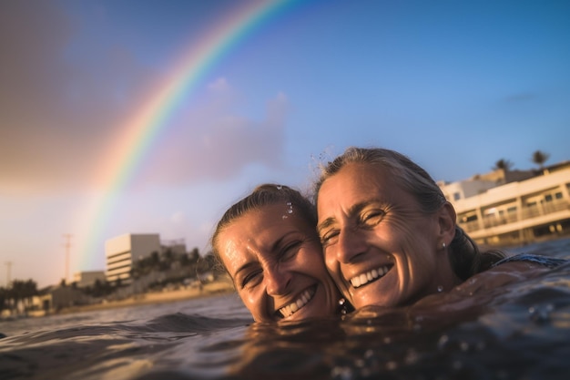 Casal gay sênior feliz nadando na Parada do Orgulho LGBTQ em Tel Aviv Israel