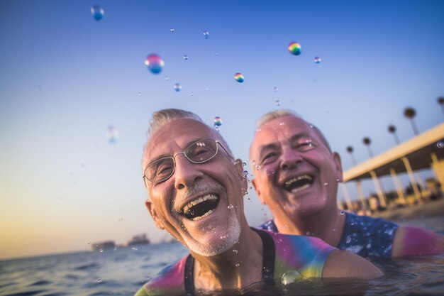 Casal gay sênior feliz nadando na Parada do Orgulho LGBTQ em Tel Aviv Israel