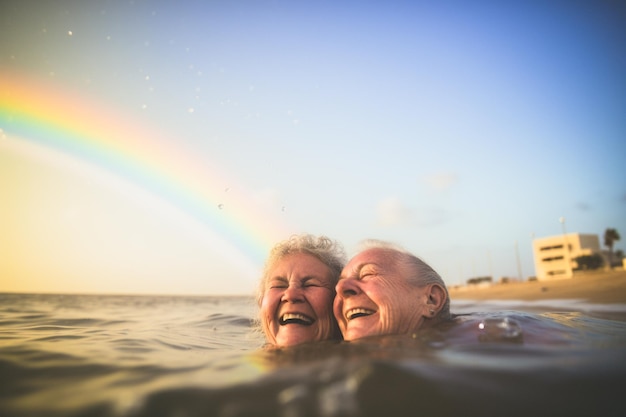 Casal gay sênior feliz nadando na Parada do Orgulho LGBTQ em Tel Aviv Israel