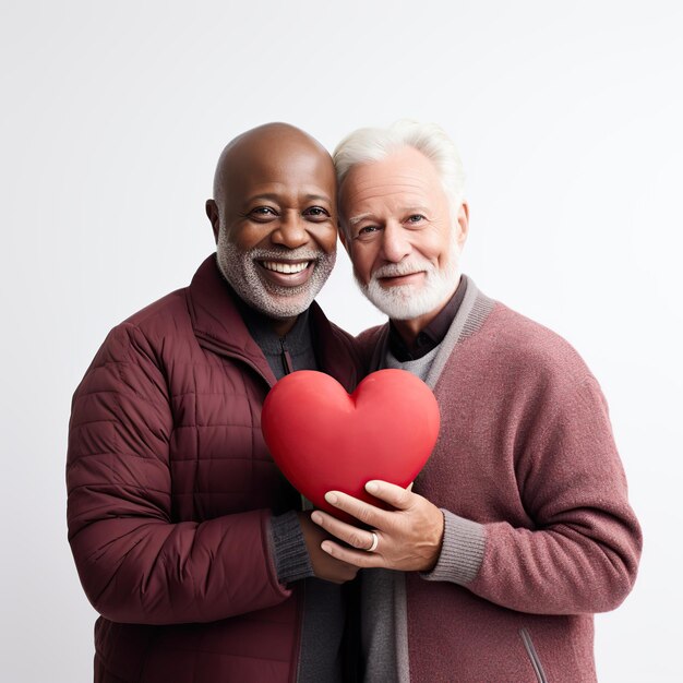 Casal gay sênior multiétnico segurando um coração vermelho isolado em fundo branco ou transparente