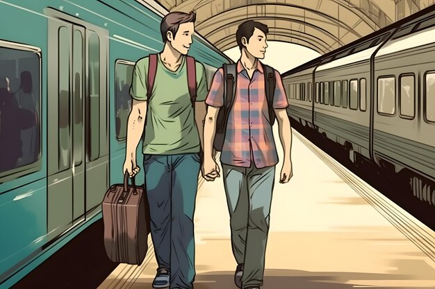 Casal gay viajando a pé com mochilas de mãos dadas na estação de trem Rede neural gerada em maio de 2023 Não baseado em nenhuma cena ou padrão de pessoa real
