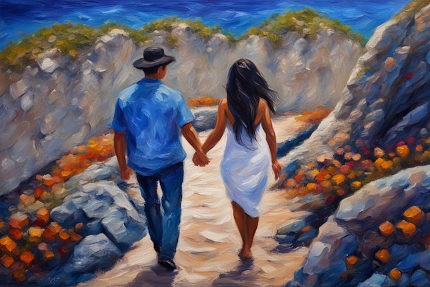 casal heterossexual andando de mão na praia ilustração de pintura romântica dos namorados