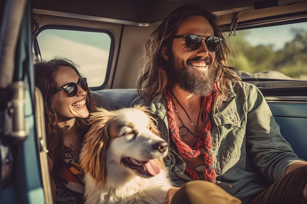 Casal hipster e seu cachorro curtindo uma aventura de acampamento em uma aventura de mini van acampando ao ar livre criando memórias duradouras