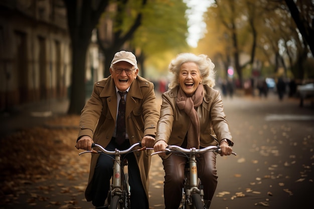 Casal idoso andando de bicicleta Imagem de IA geradora