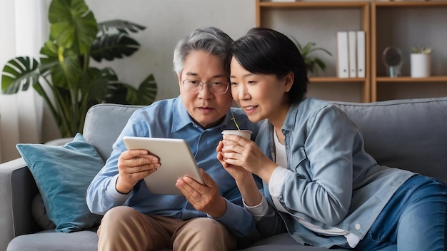 Casal idoso asiático usando tablet e bebendo café na sala de estar em casa casal desfrutar de amor mãe