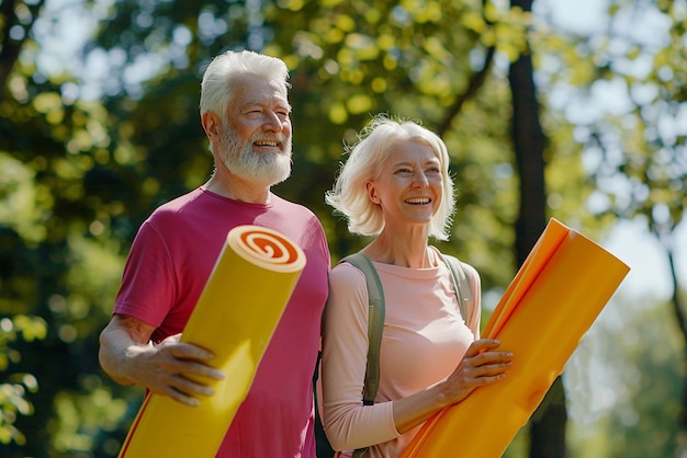Foto casal idoso atlético vai se exercitar ao ar livre com tapetes de exercício e água cuidados de saúde e reabilitação hobbies de aposentadoria