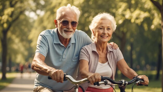 Casal idoso em um passeio de bicicleta em um parque de verão