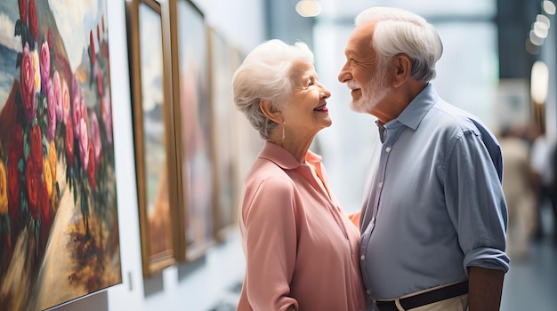 Foto casal idoso explorando um museu de arte admirando as pinturas