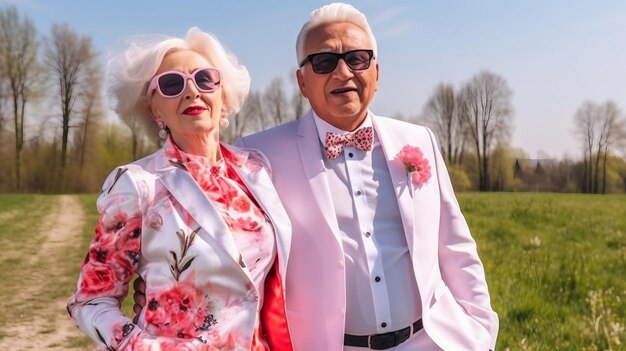 Casal idoso feliz comemorando aniversário de casamento aproveitando a vida gerada ai