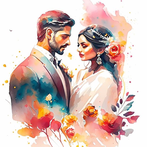 casal indiano casamento aquarela cor