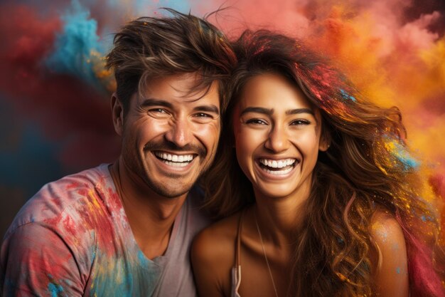 Casal indiano comemorando com imagens coloridas do festival de holi em pó hd