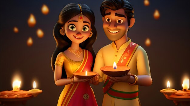 Foto casal indiano em 3d com estilo de design de diya diwali e karwa chauth