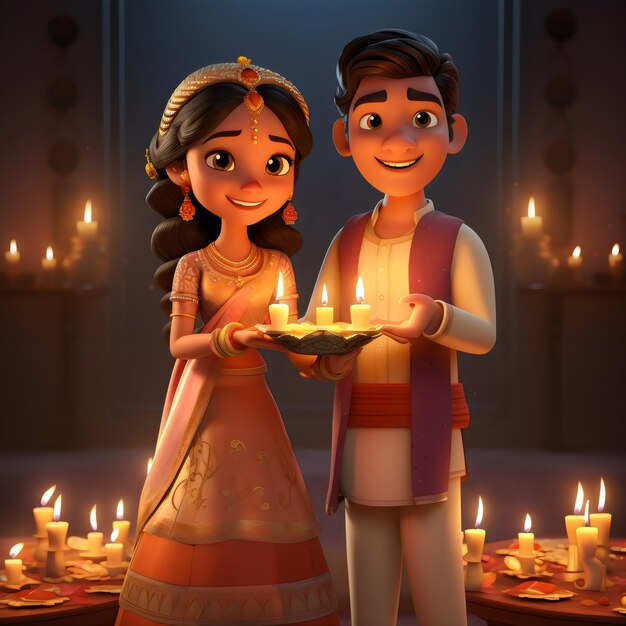 Foto casal indiano em 3d com estilo de design de diya diwali e karwa chauth