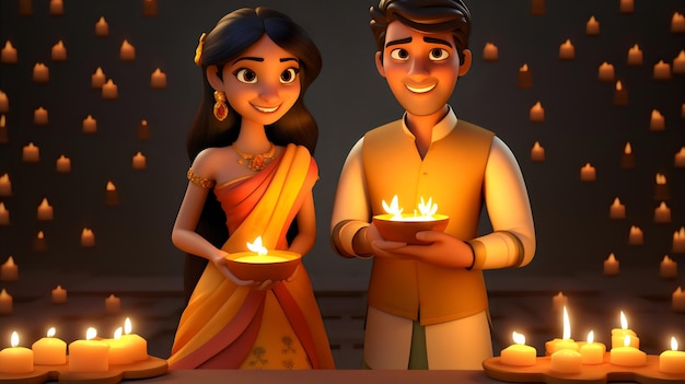 Foto casal indiano em 3d com estilo de design de diya diwali e karwa chauth