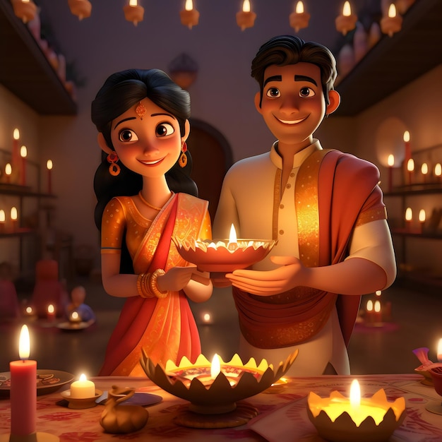 Casal indiano em 3D com estilo de design de diya diwali e karwa chauth
