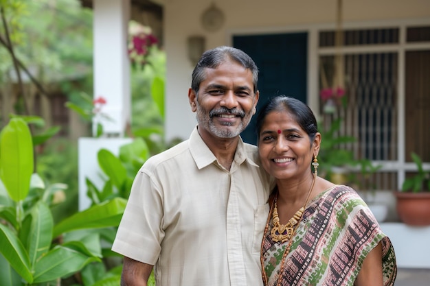 Foto casal indiano feliz 50 em frente à sua nova casa conceito de aluguel de hipoteca habitação social