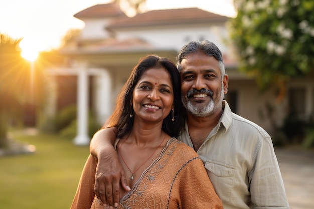 Foto casal indiano idoso feliz em frente à nova casa conceito de aluguel de moradias sociais