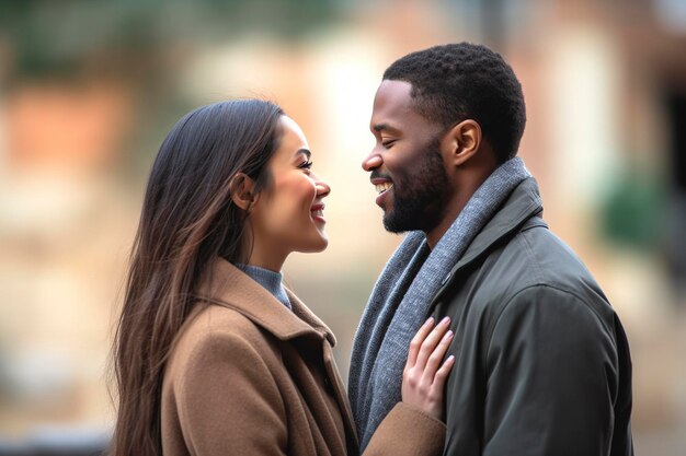 Casal interracial conversando e sorrindo olhando um para o outro em um dia de outono na rua