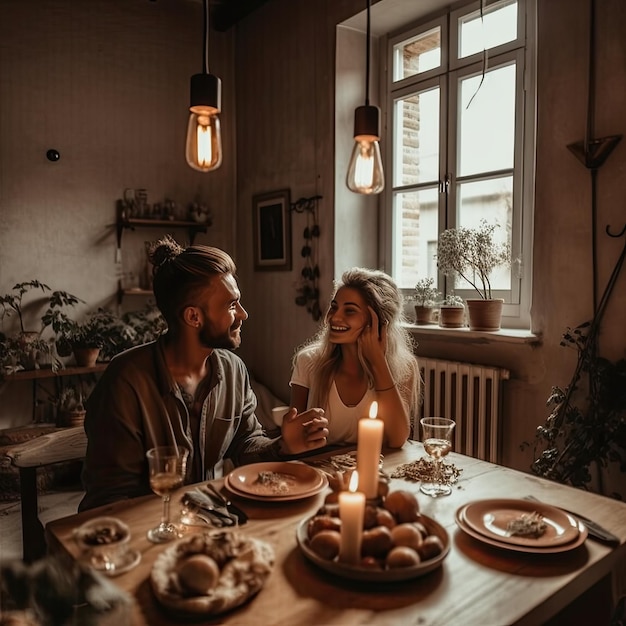 Casal jantando em uma mesa com velas e velas