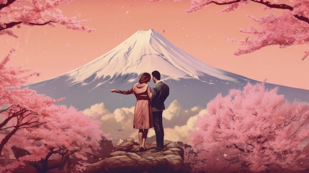 Casal japonês em frente ao monte fuji