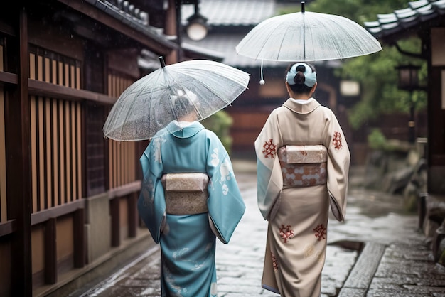 Casal japonês vestindo quimono tradicional com guarda-chuva em um dia chuvoso Generative AI